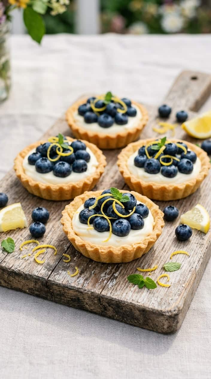 Close-up of blueberry lemon mascarpone tartlets on a wooden board with fresh blueberries and lemon slices around them.