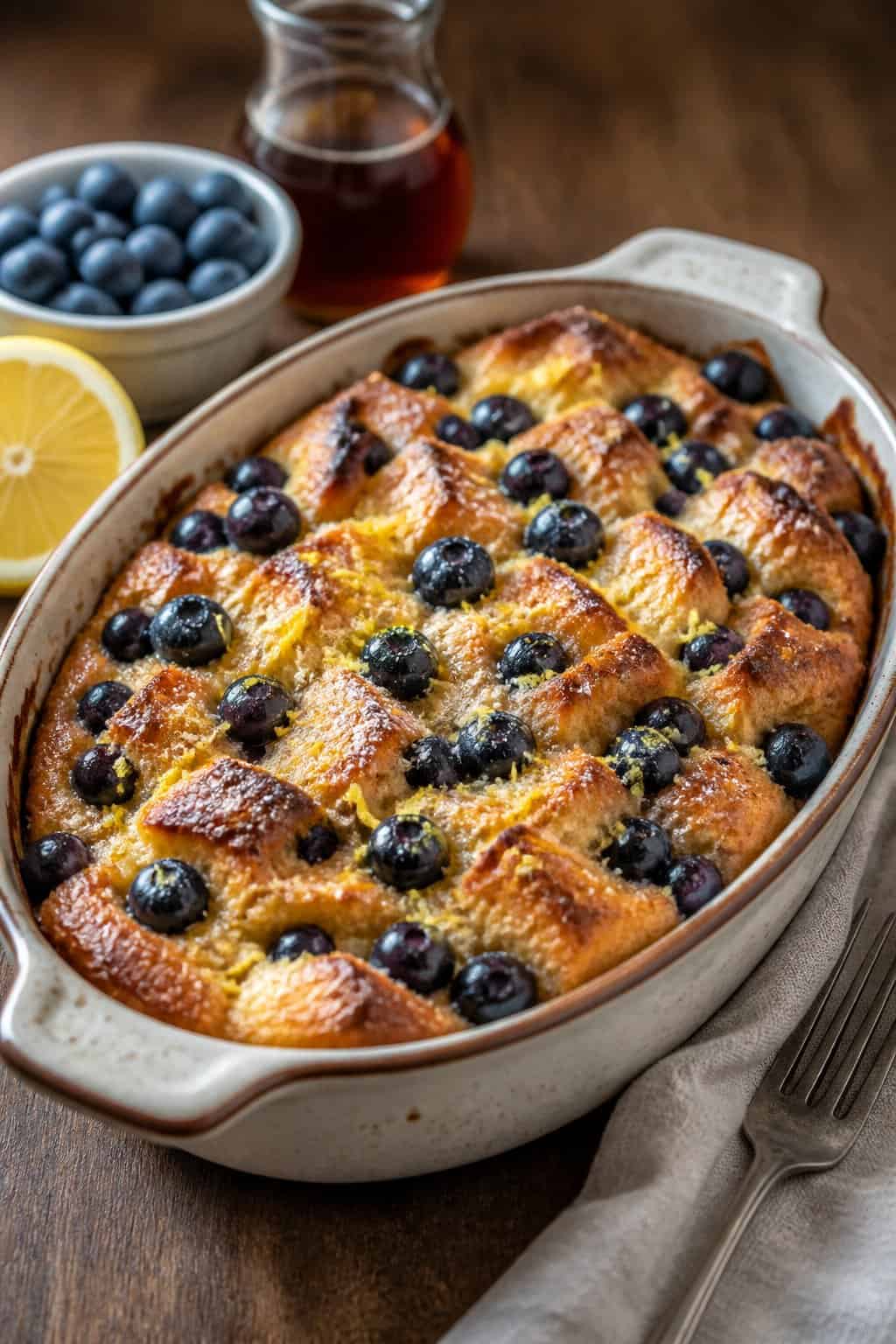 A freshly baked blueberry-lemon French toast casserole in a white ceramic dish on a wooden table with fresh blueberries, a lemon wedge, and a fork placed nearby.