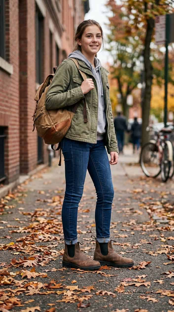 19 Back-to-School Outfit Ideas to Lock Down Before the Stores Get Ransacked 17 A person wearing Blundstone Chelsea boots and casual clothes standing on a city sidewalk with fallen leaves.