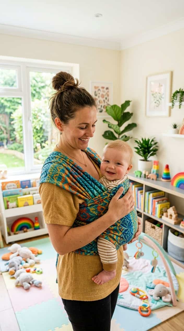 A parent wearing a colorful baby carrier holding a smiling infant in a bright living room with children's toys neatly arranged on shelves.