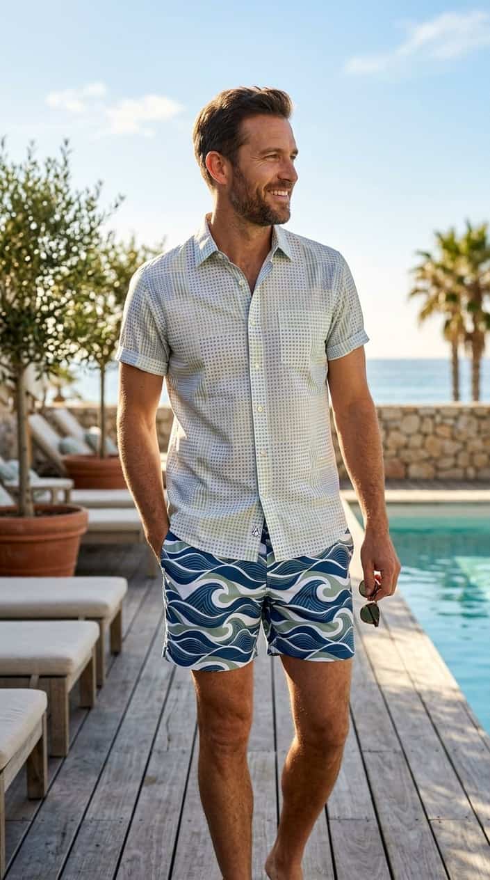 A man standing outdoors wearing a short-sleeve shirt and swim trunks with coordinated patterns in a sunny summer setting.