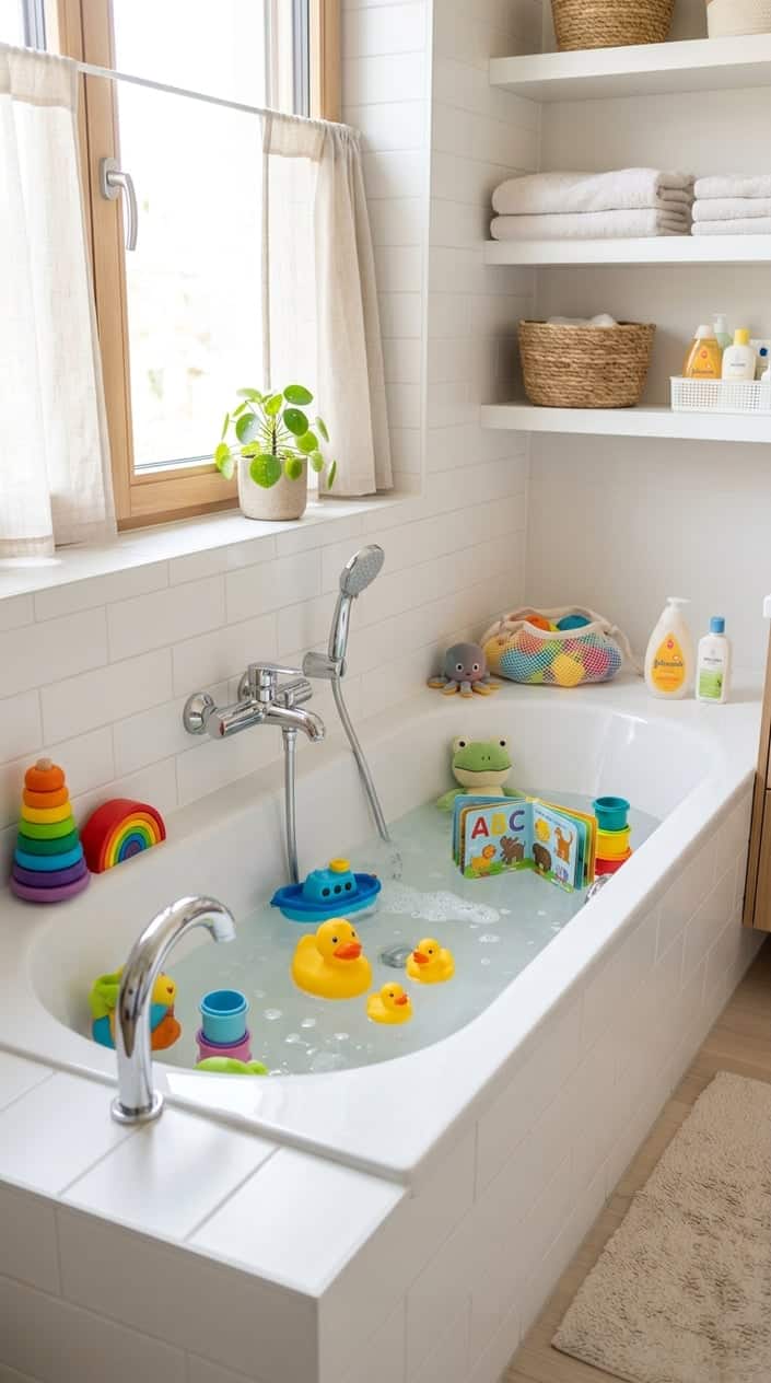 A modern bathroom with a bathtub and bath pipes surrounded by colorful baby toys like rubber ducks and plush animals.