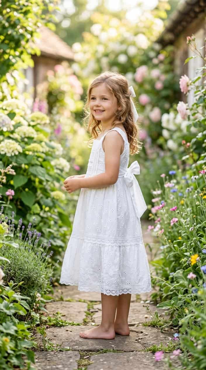 Little Girl Outfits She Won't Refuse to Wear 7 A young girl standing outdoors wearing a white eyelet cotton sundress with a bow on the back, smiling gently in a garden setting.