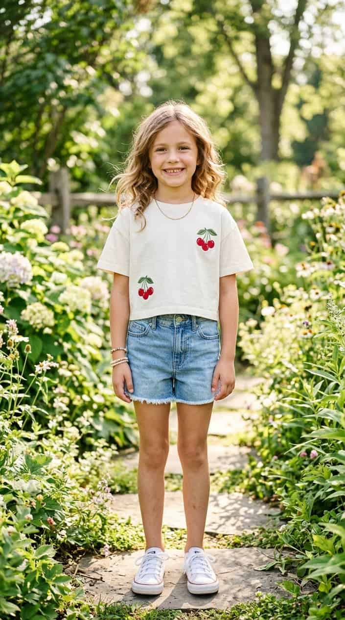 Retro-Inspired Summer Outfits for Girls 6 A young girl wearing a cropped tee with embroidered cherries and denim shorts standing outside on a sunny day.