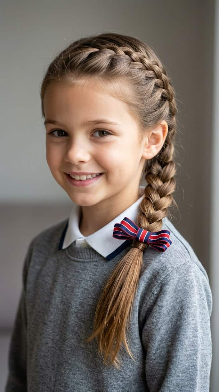A young girl with a braided ponytail tied with a ribbon, smiling against a plain background.