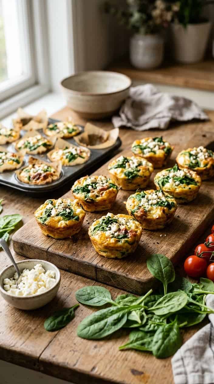 A close-up of golden breakfast egg muffins with spinach and feta on a wooden board, surrounded by fresh spinach leaves and feta cheese.