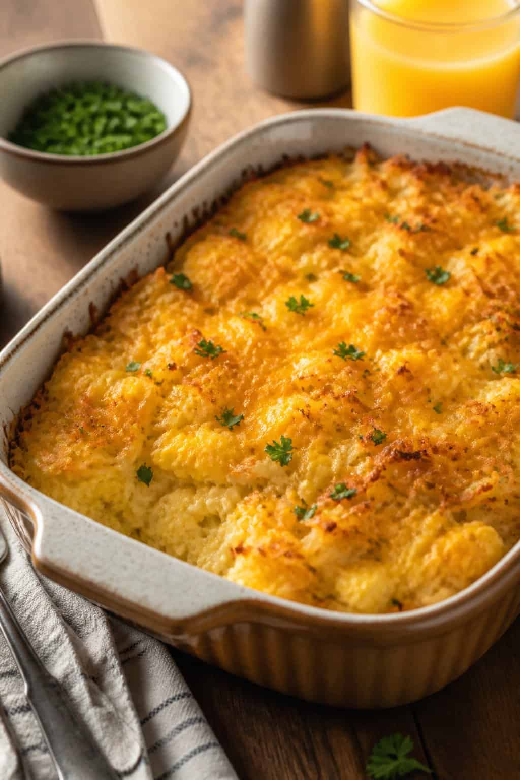 A golden brown hashbrown casserole with melted cheddar cheese and eggs in a baking dish on a wooden table with herbs and a glass of orange juice nearby.