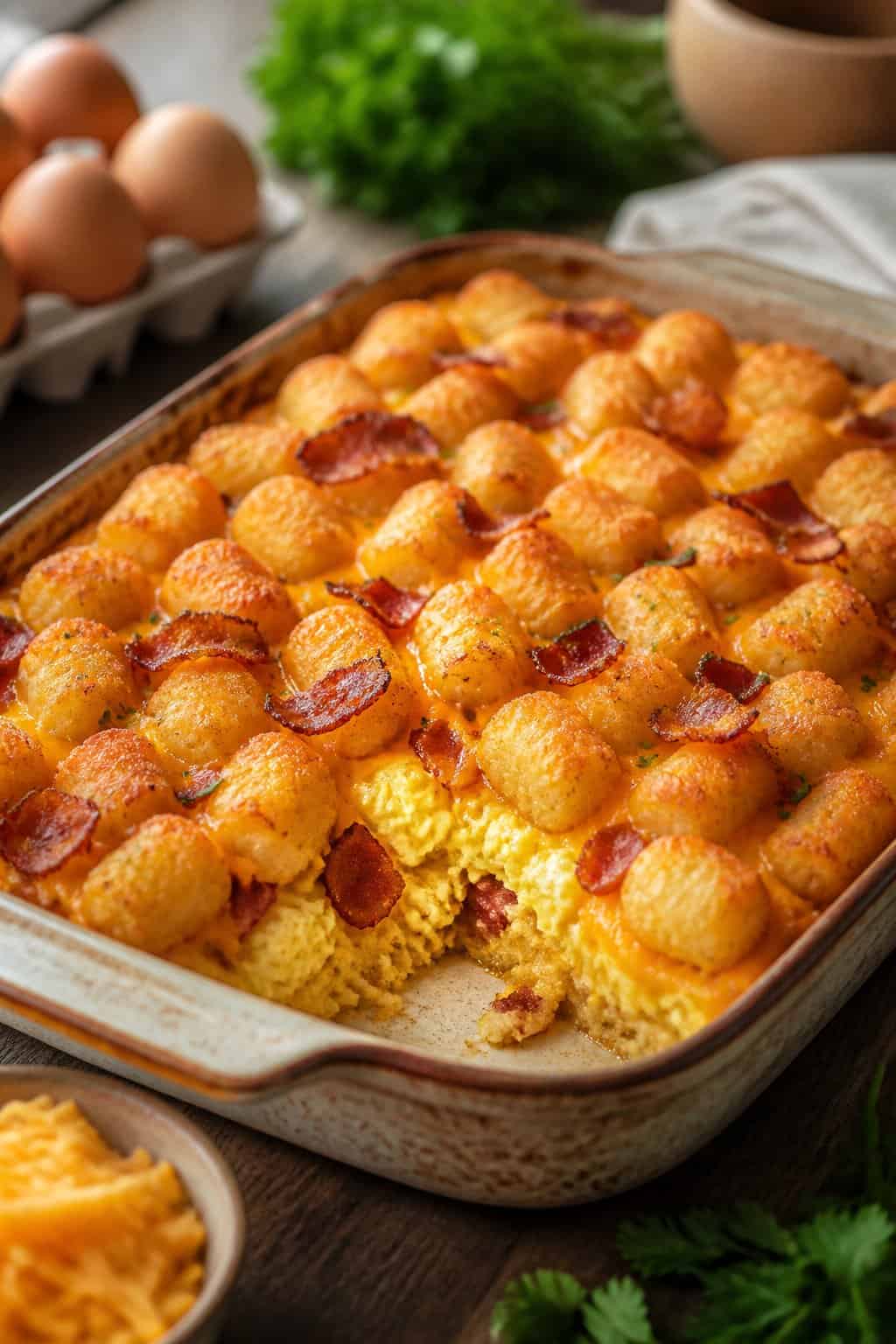 A golden brown breakfast tater tot casserole in a ceramic baking dish, with crispy bacon pieces and set egg custard visible between the tots, just pulled from the oven.