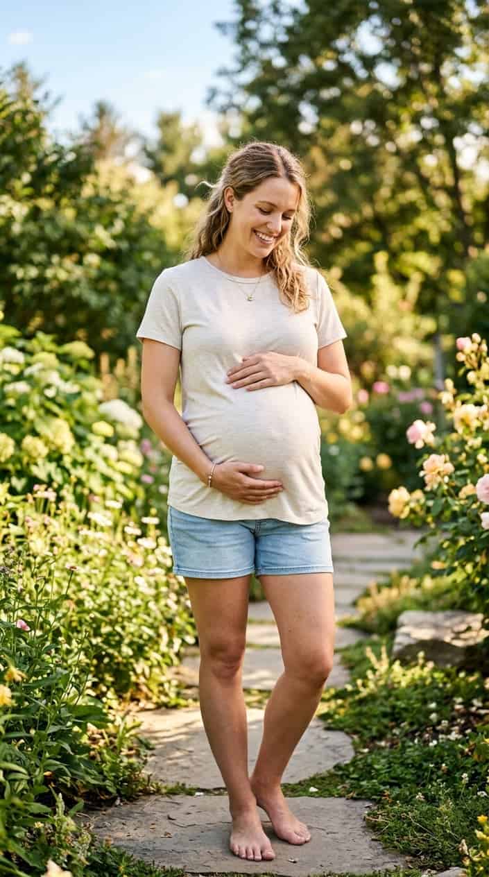 Pregnancy Outfits for a Hot Summer 7 Pregnant woman outdoors wearing a light breathable nursing tee, gently holding her baby bump in warm sunlight.