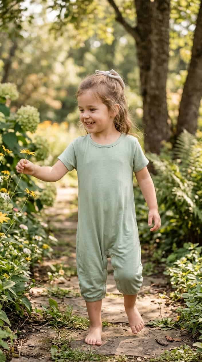 Little Girl Outfits She Won't Refuse to Wear 14 A young girl wearing a light-colored romper playing outdoors in a sunny green area.