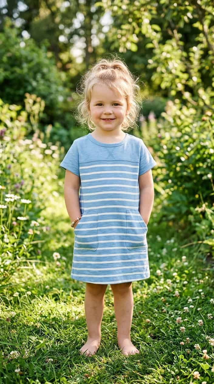 12 Cute Summer Dress Ideas for Toddler Girls Who Hate Wearing Dresses 6 A toddler girl standing outdoors wearing a lightweight knit dress with pockets, smiling with her hands in the pockets.