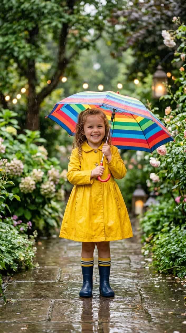 Little Girl Dress Styles for a Rainy Birthday Party 10 A young girl in a bright yellow dress holding an umbrella outdoors on a rainy day, smiling happily.