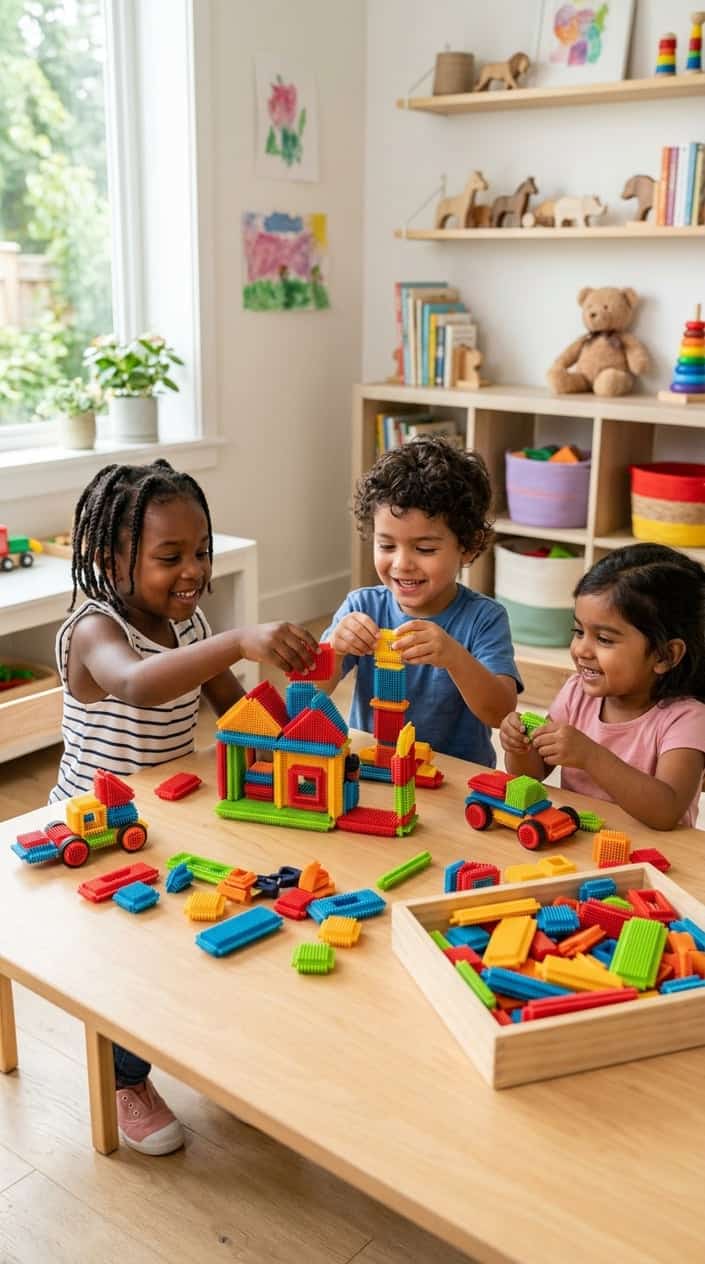 Young children happily playing with colorful Bristle Blocks on a table in a bright playroom.