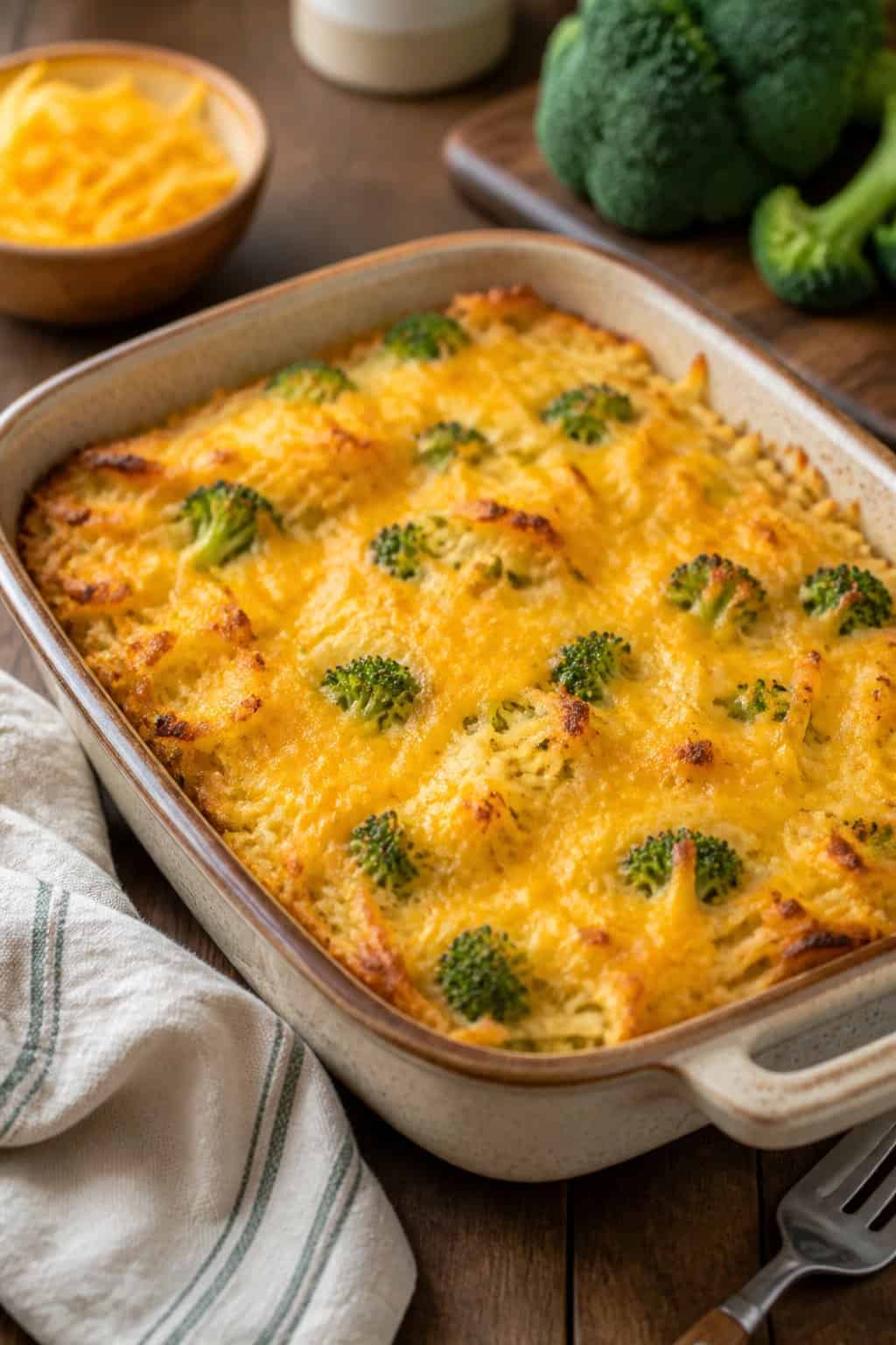 A golden broccoli-cheddar hashbrown casserole in a baking dish on a wooden table with a fork and napkin nearby.