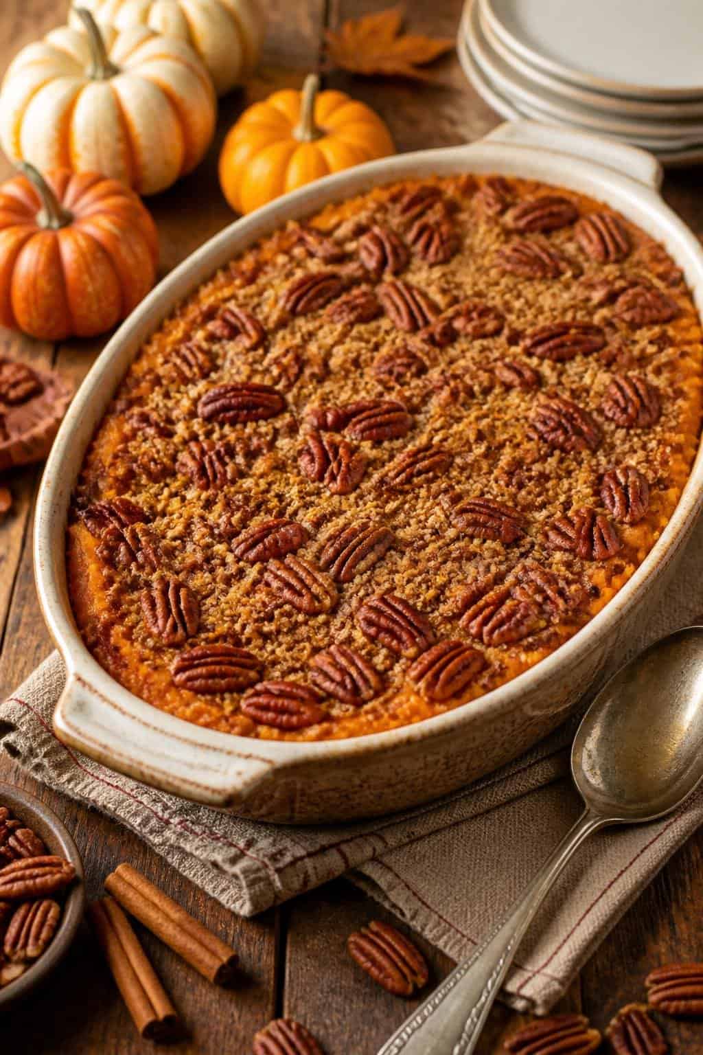 A brown sugar and pecan topped sweet potato casserole in a ceramic dish on a wooden table with autumn decorations around it.