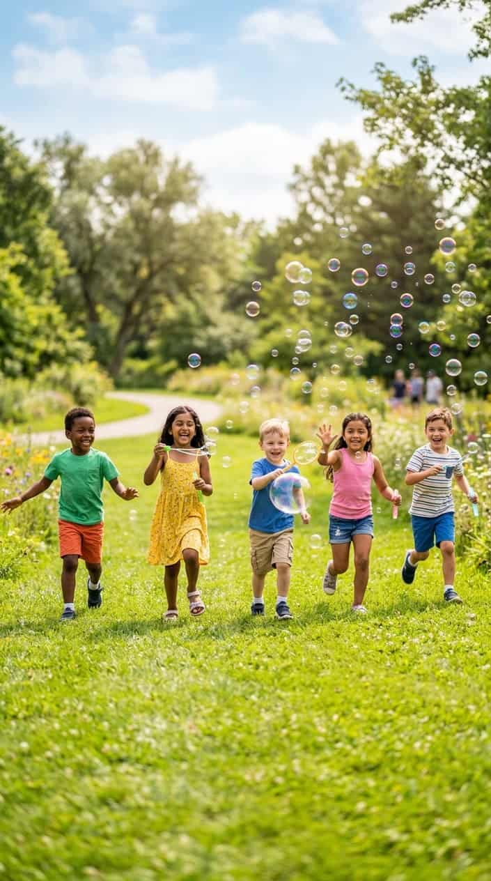 Physical Activities for Kids to Burn Off Energy 17 Children running and chasing bubbles outdoors with different sized bubble wands on a sunny day.