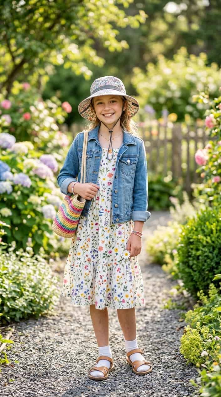 18 Tween Girl Outfits for the Summer They Outgrow Every Shirt 13 A tween girl wearing a bucket sun hat and a summer outfit standing outdoors in a sunny park.
