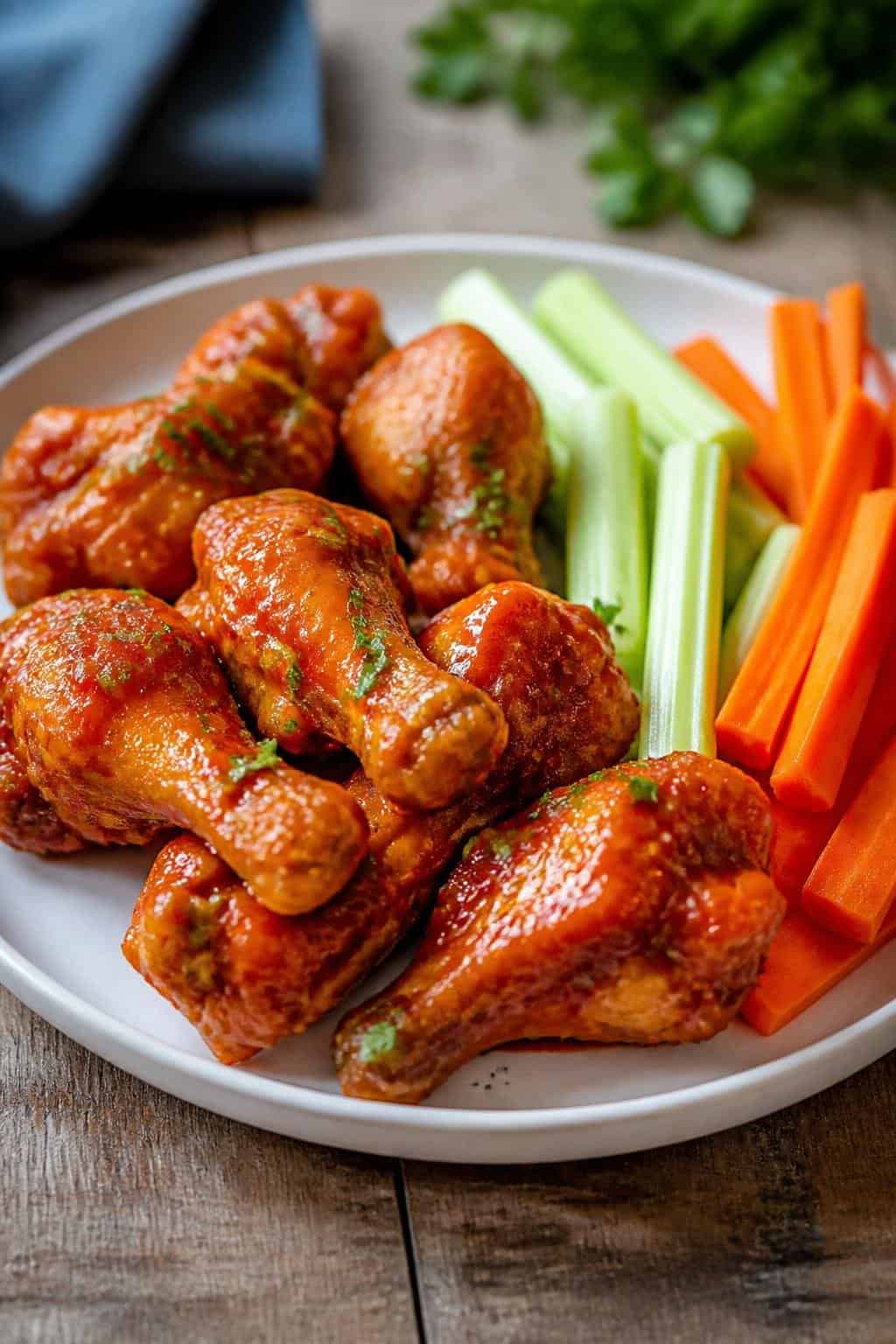 Caramelized buffalo-sauced chicken drumsticks arranged on a wooden serving board beside raw celery sticks and thin carrot batons.