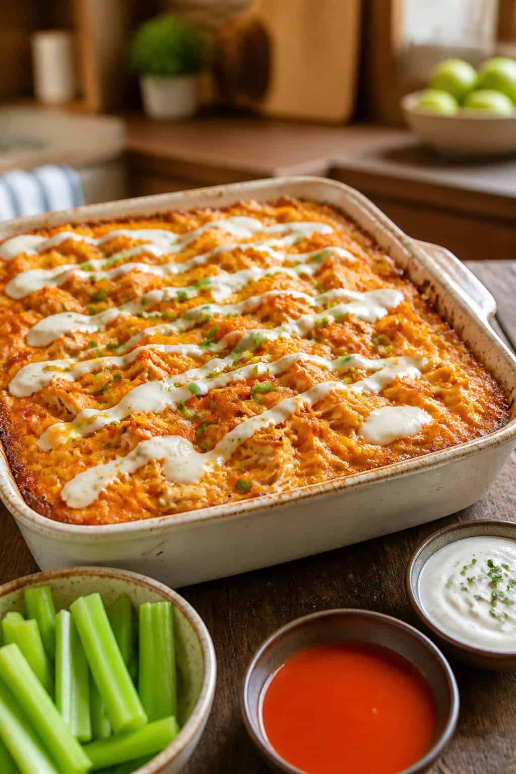 A baked buffalo chicken hashbrown casserole topped with cheese and green onions on a wooden table with bowls of sauce and celery sticks nearby.