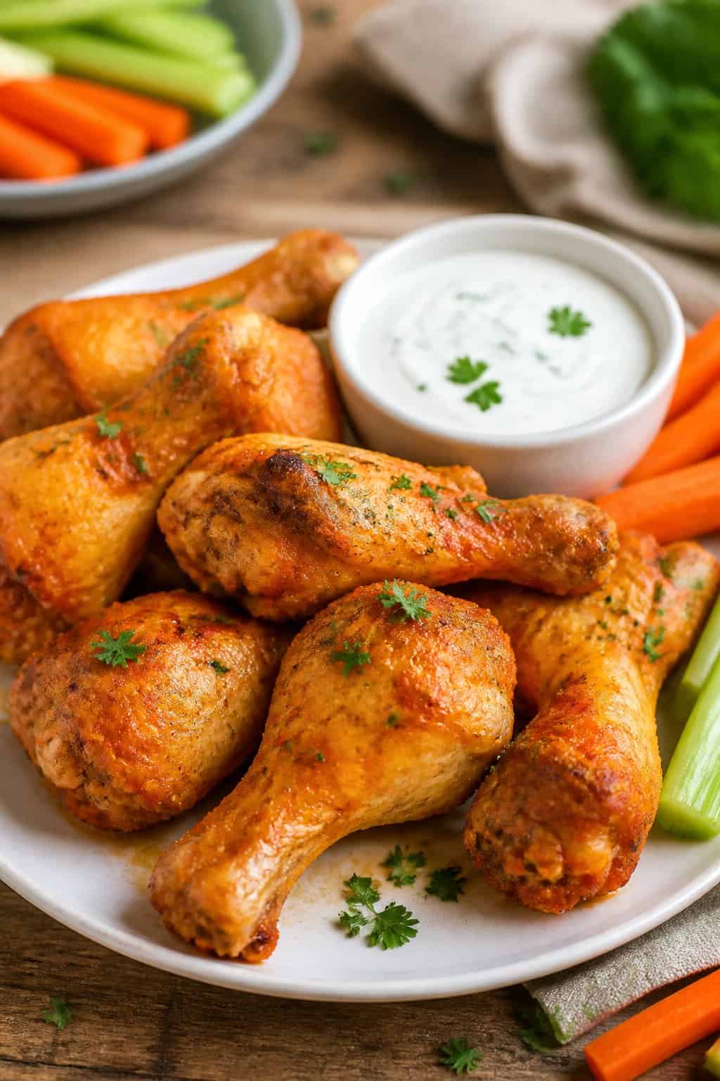 Baked buffalo ranch chicken drumsticks arranged on a white plate alongside bright orange carrot sticks, green celery stalks, and a ramekin of creamy ranch dipping sauce on a wooden surface.