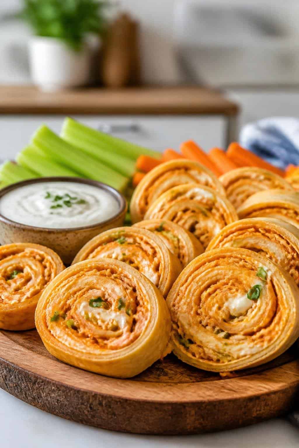 Buffalo Ranch Chicken Pinwheels arranged on a wooden board with celery sticks, carrot sticks, and a bowl of ranch dipping sauce.