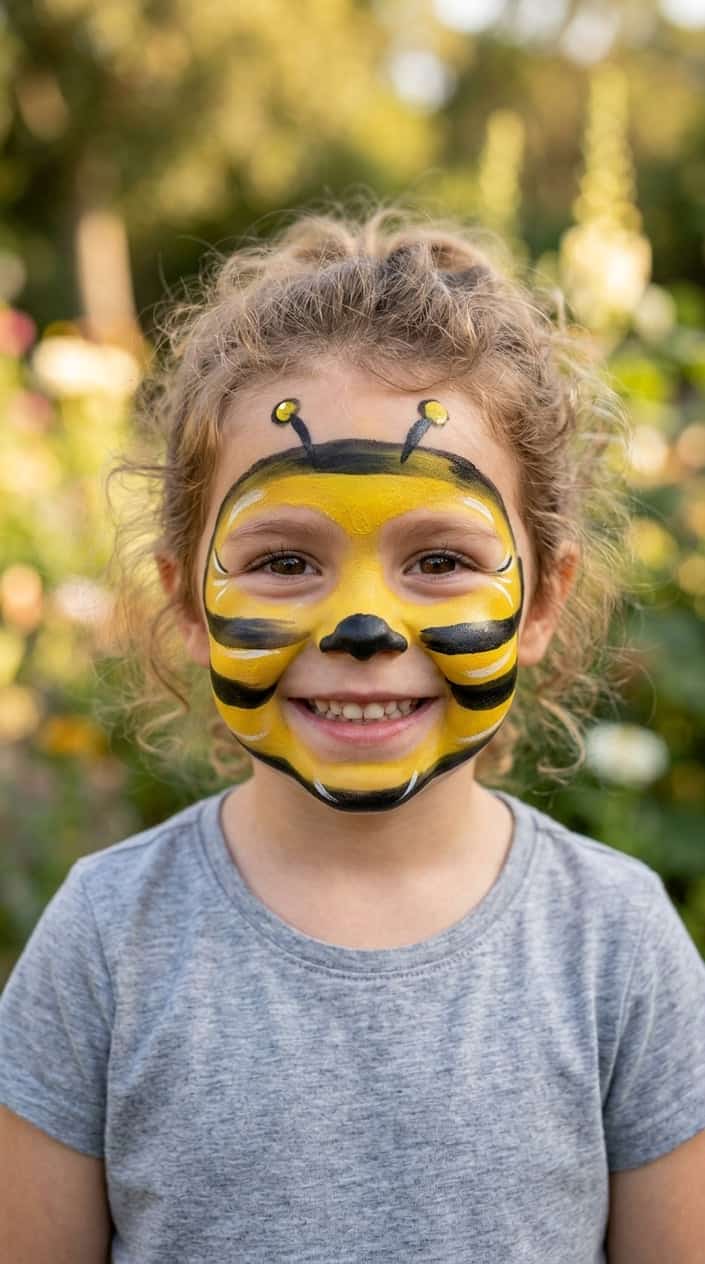 Close-up of a smiling child with face paint designed like a bumblebee, showing yellow and black stripes on their face.