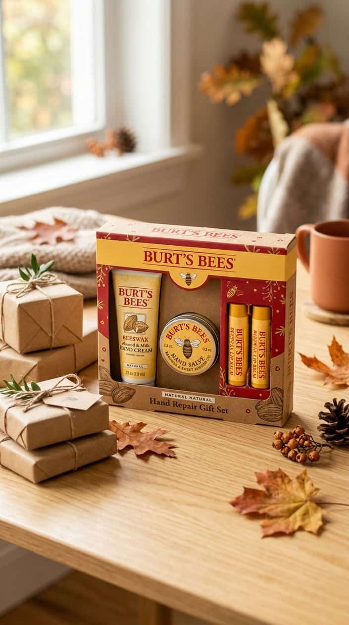 A Burt's Bees Hand Repair Gift Set arranged on a wooden surface with small wrapped presents and autumn leaves nearby.