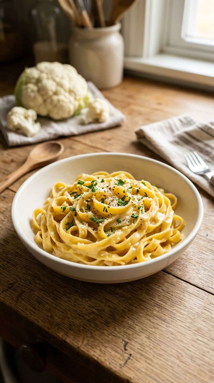 A ceramic bowl of pale yellow buttered noodles with a smooth creamy coating, sitting on a worn wooden table with a small grater in the background