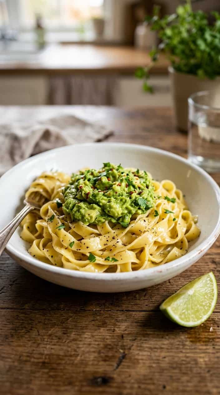 A bowl of small shell pasta coated in green-tinted avocado butter with a fresh lime wedge resting on the rim of a white bowl