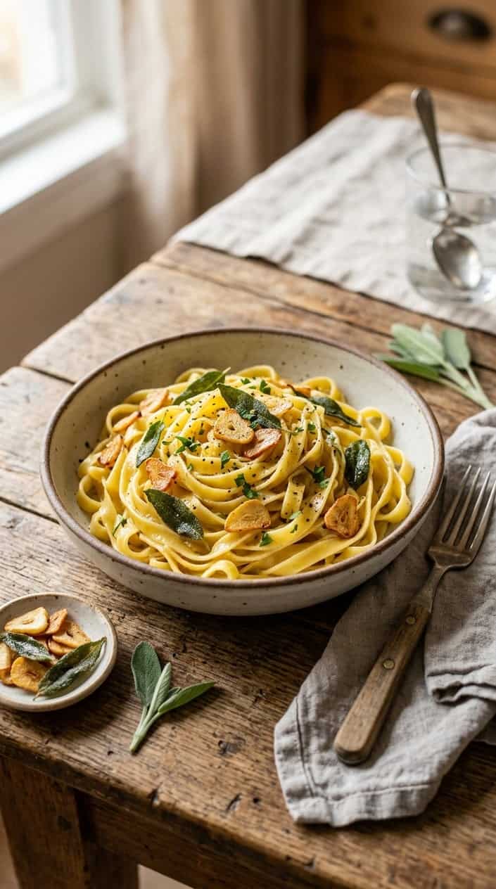 A bowl of long pasta noodles topped with thin golden garlic chips and dark green crispy sage leaves, with a small bunch of fresh sage visible in the background