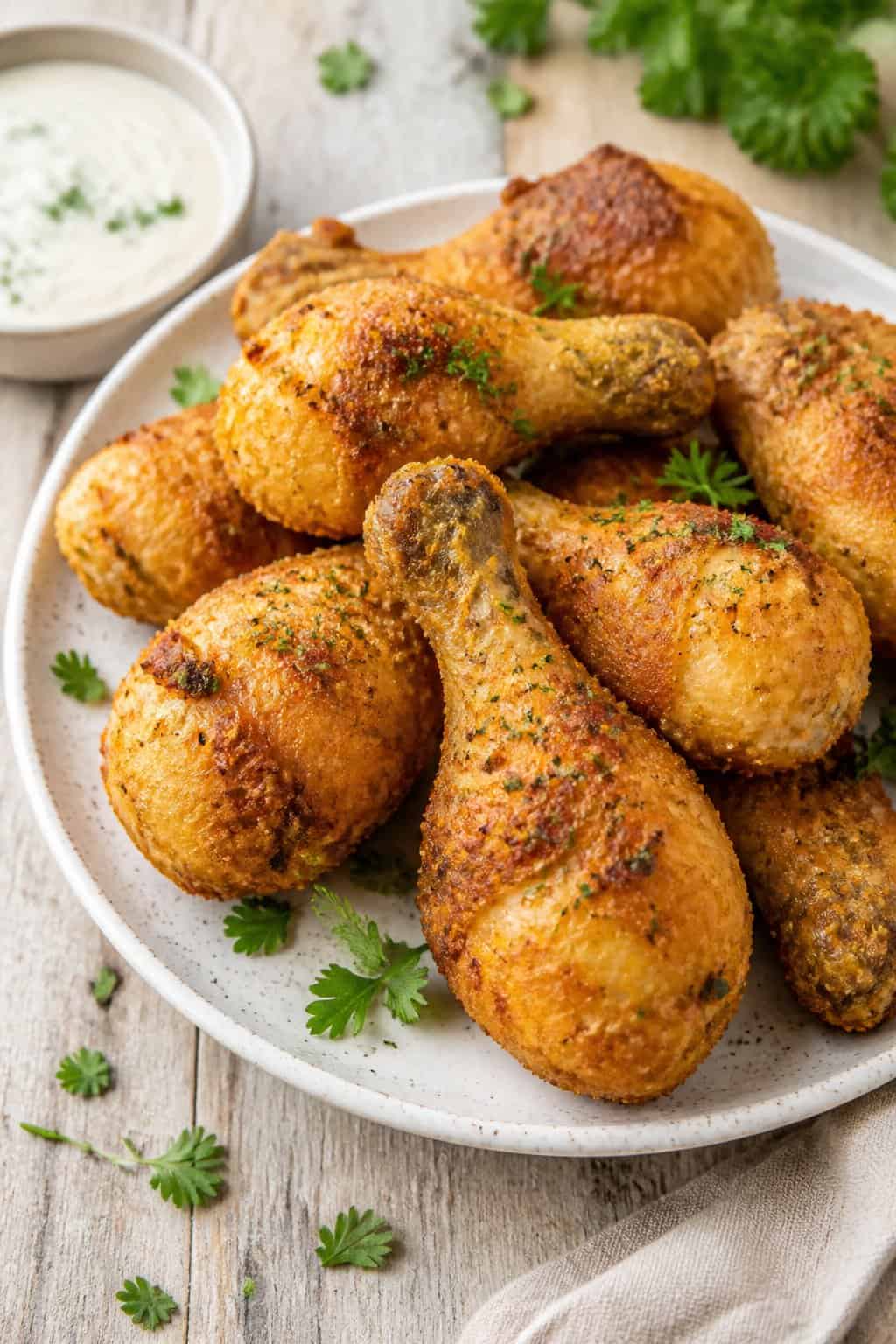 Golden panko-crusted chicken drumsticks stacked on a white plate with a small bowl of creamy ranch dipping sauce and a scattering of fresh herb leaves on a wood surface.
