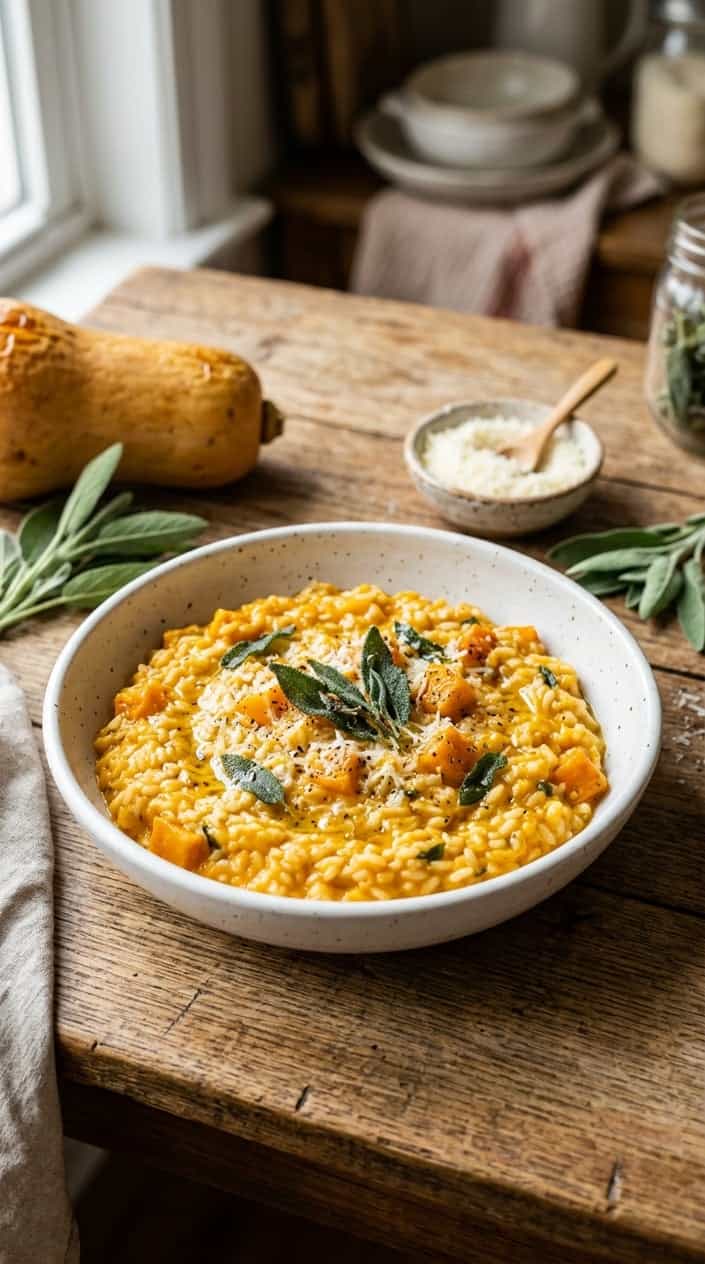 A bowl of creamy butternut squash and sage risotto garnished with fresh sage leaves and Parmesan cheese on a wooden table with fresh ingredients nearby.