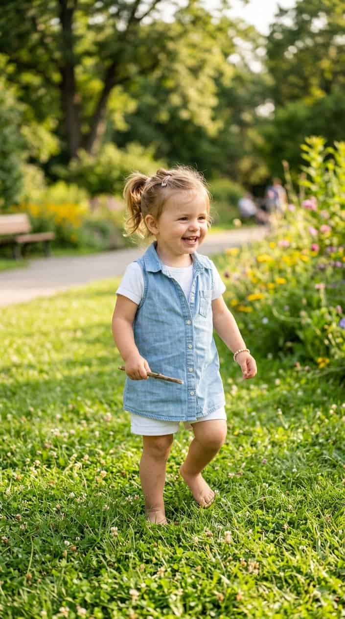 12 Cute Summer Dress Ideas for Toddler Girls Who Hate Wearing Dresses 7 A toddler girl playing outside wearing a chambray dress open as a vest over a white t-shirt and shorts.