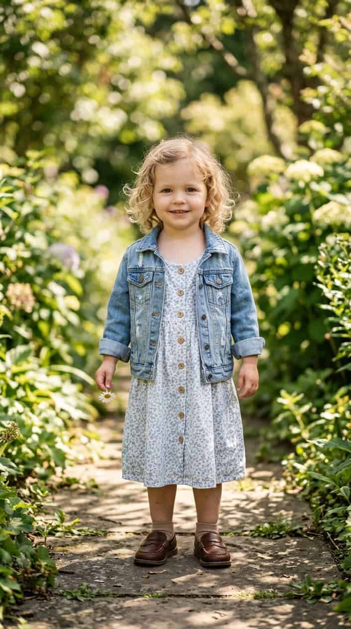 Easy Mix-and-Match Toddler Girl Summer Outfits 18 A toddler girl outdoors wearing a button-front midi dress, cropped denim jacket, and loafers.