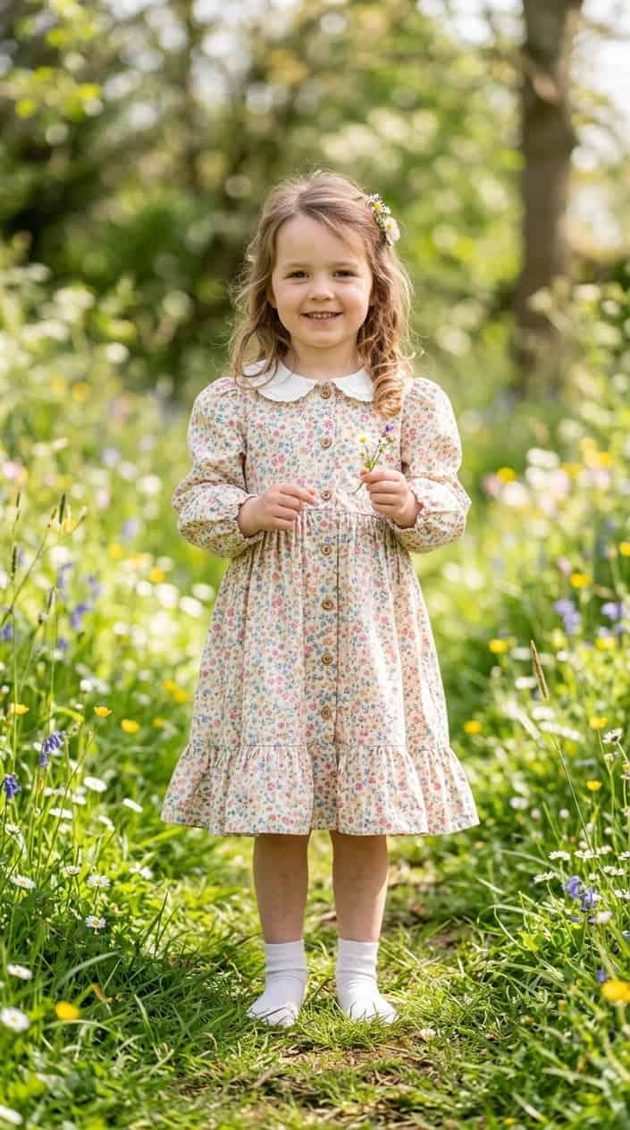 A young child standing outdoors wearing a button-front dress, smiling with greenery and flowers in the background.