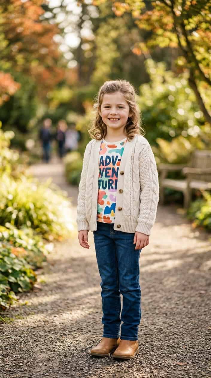 Little Girl Outfits She Won't Refuse to Wear 10 A young girl wearing a cable-knit cardigan over a graphic t-shirt standing outdoors and smiling.