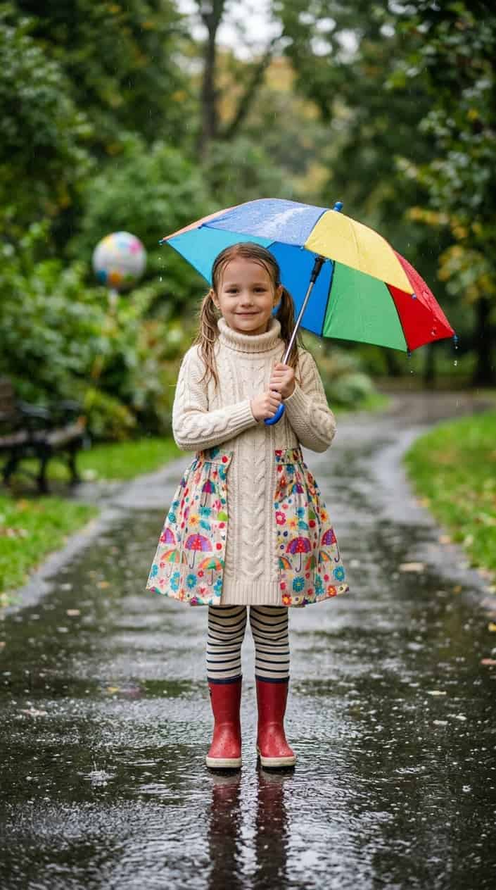 Little Girl Dress Styles for a Rainy Birthday Party 9 A young girl standing outside on a rainy day holding an umbrella, wearing a knit dress with a waterproof overskirt.