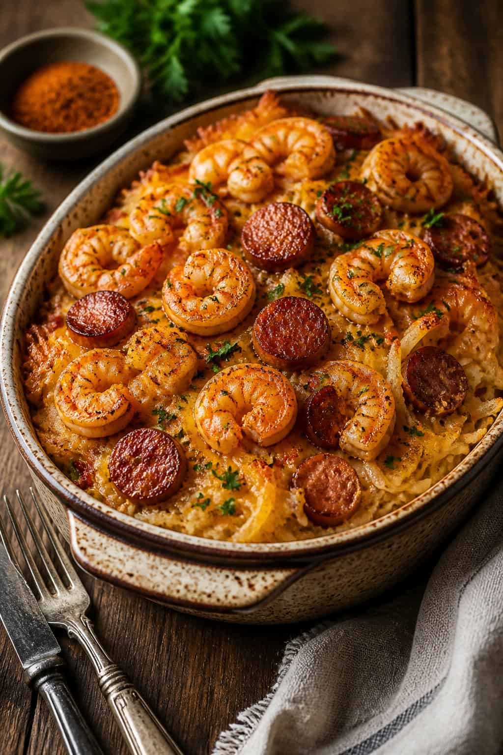 25 Hashbrown Casseroles for Busy Weeknights 25 A baked casserole dish filled with shrimp, sausage, and crispy hashbrowns garnished with parsley on a wooden table.