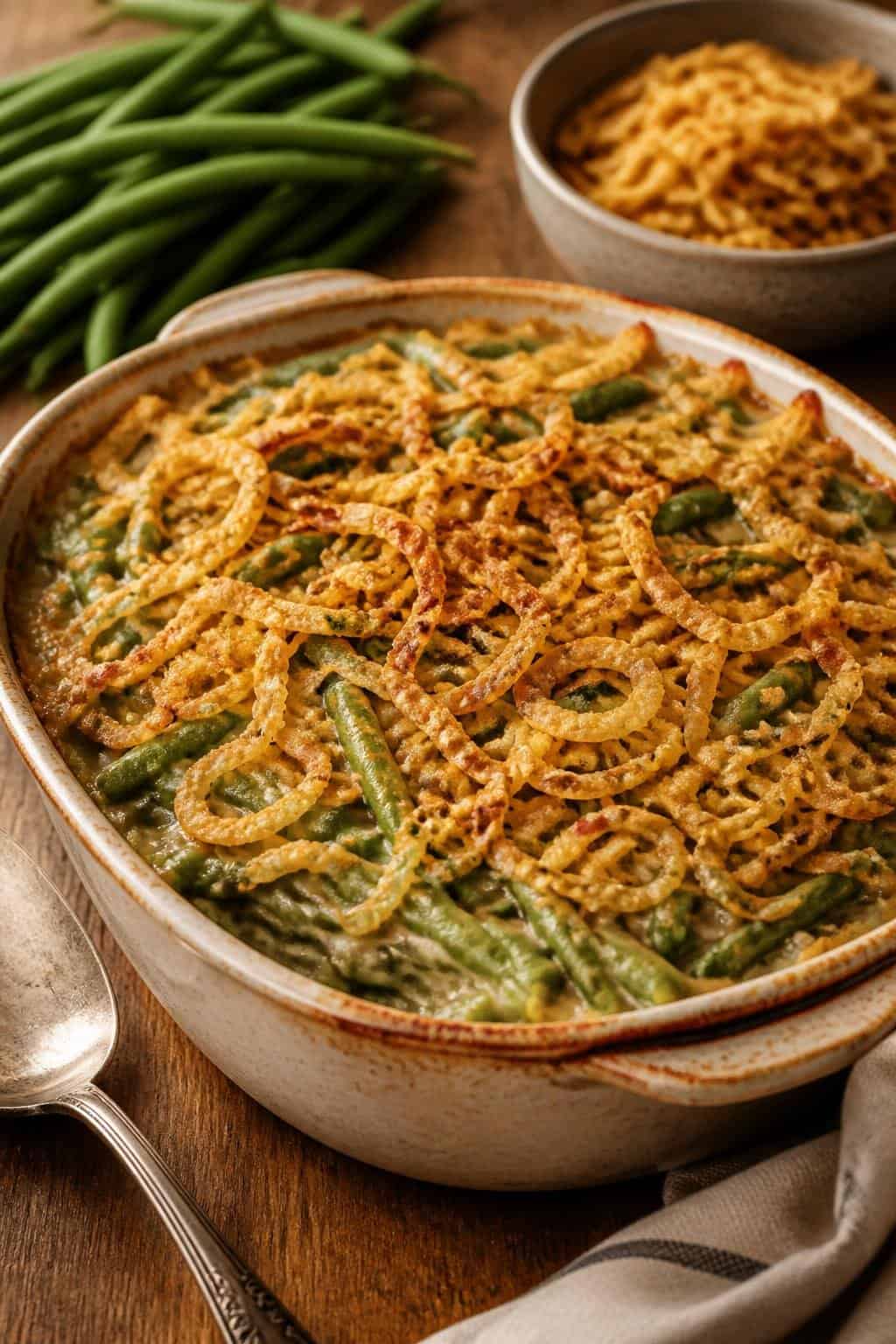 A baked green bean casserole topped with a thick, golden layer of crispy fried onions in a white ceramic dish, with fresh green beans and a wooden serving spoon beside it on a wooden table.