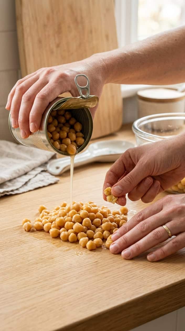 Hands pouring canned chickpeas onto a kitchen counter, counting and squishing them.