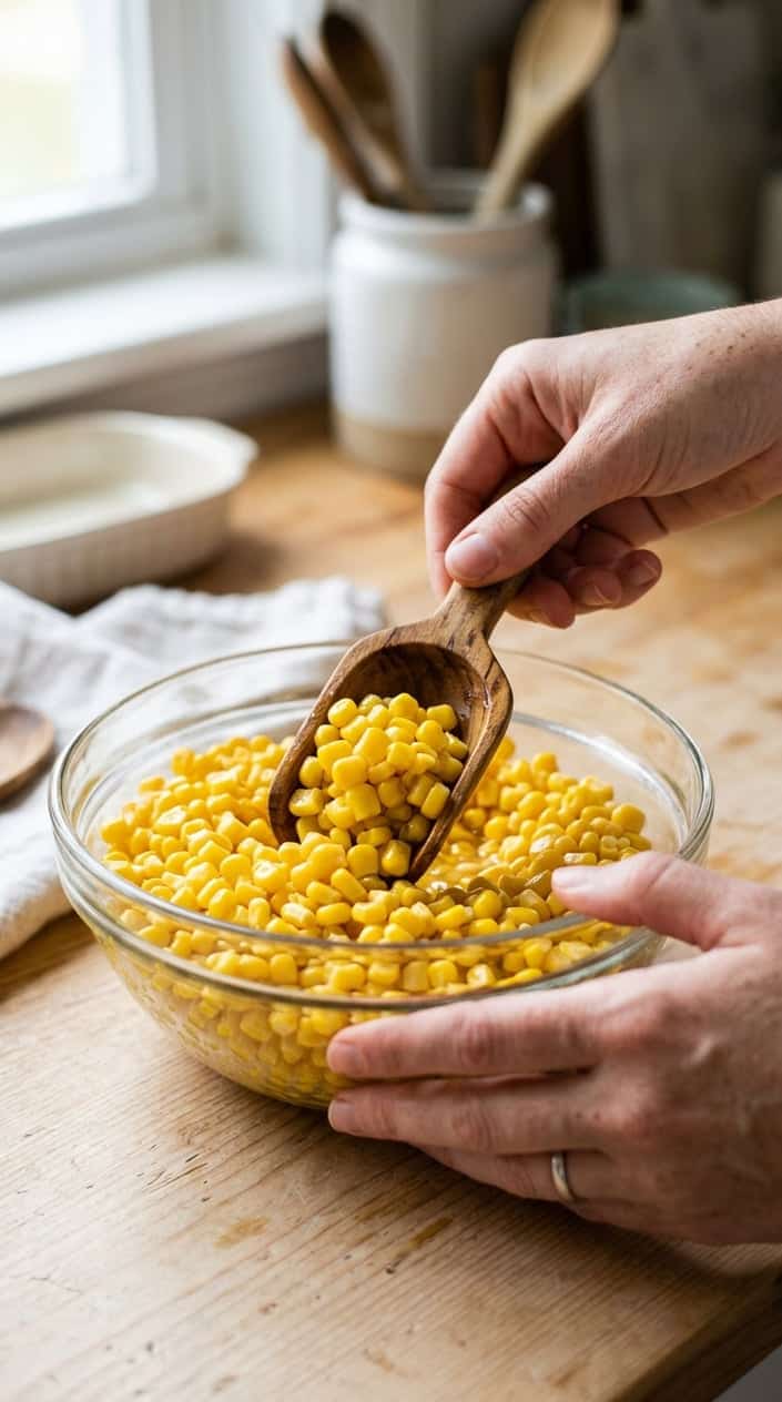 A hand scooping bright yellow canned corn kernels from a glass bowl on a kitchen countertop.