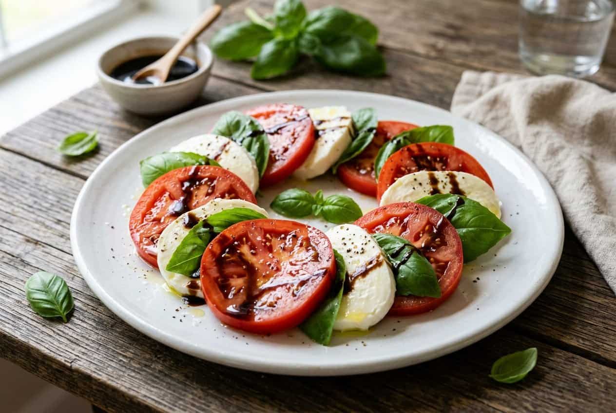 Overlapping slices of ripe red tomato and fresh white mozzarella fanned across a wooden platter, topped with whole basil leaves and thin ribbons of dark balsamic glaze.