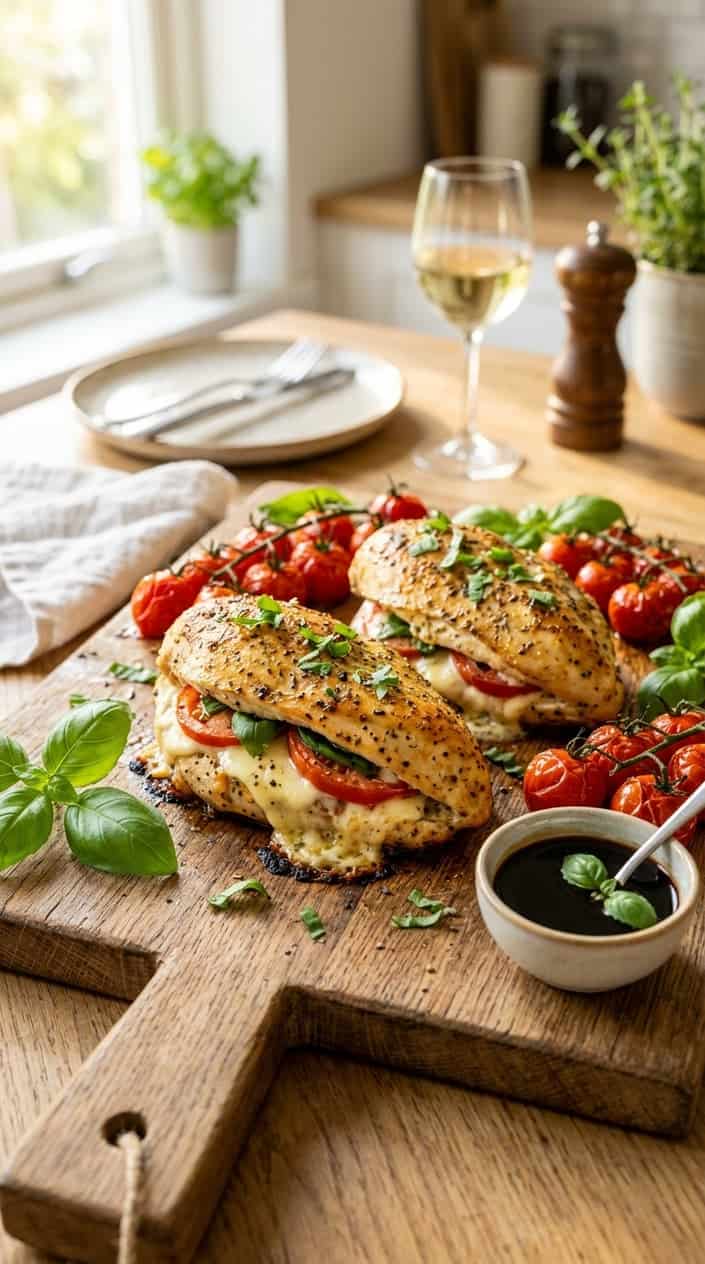 21 No-Heat Summer Dinner Recipes 18 Baked chicken breasts stuffed with mozzarella, tomato, and basil served on a wooden board with cherry tomatoes and basil.