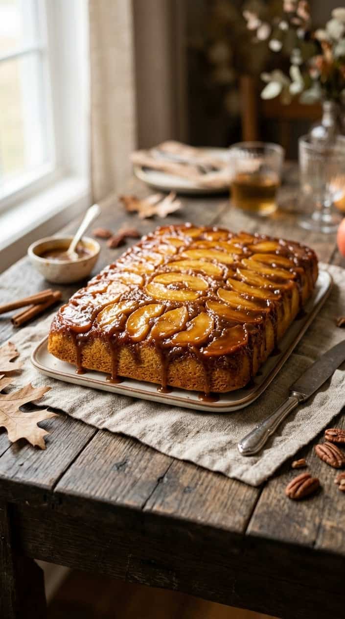 A caramel apple upside-down sheet cake with caramelized apple slices on top placed on a wooden table with autumn leaves and cinnamon sticks around it.