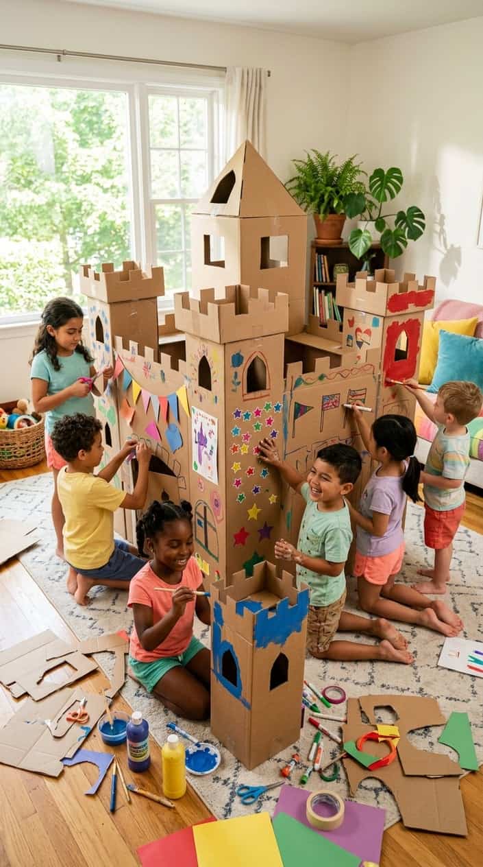 Children building and decorating a large cardboard castle indoors with art supplies around them.
