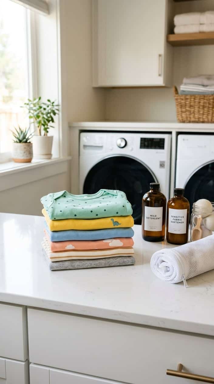 Stack of colorful baby t-shirts neatly folded on a countertop in a bright laundry room with a washing machine and laundry supplies nearby.