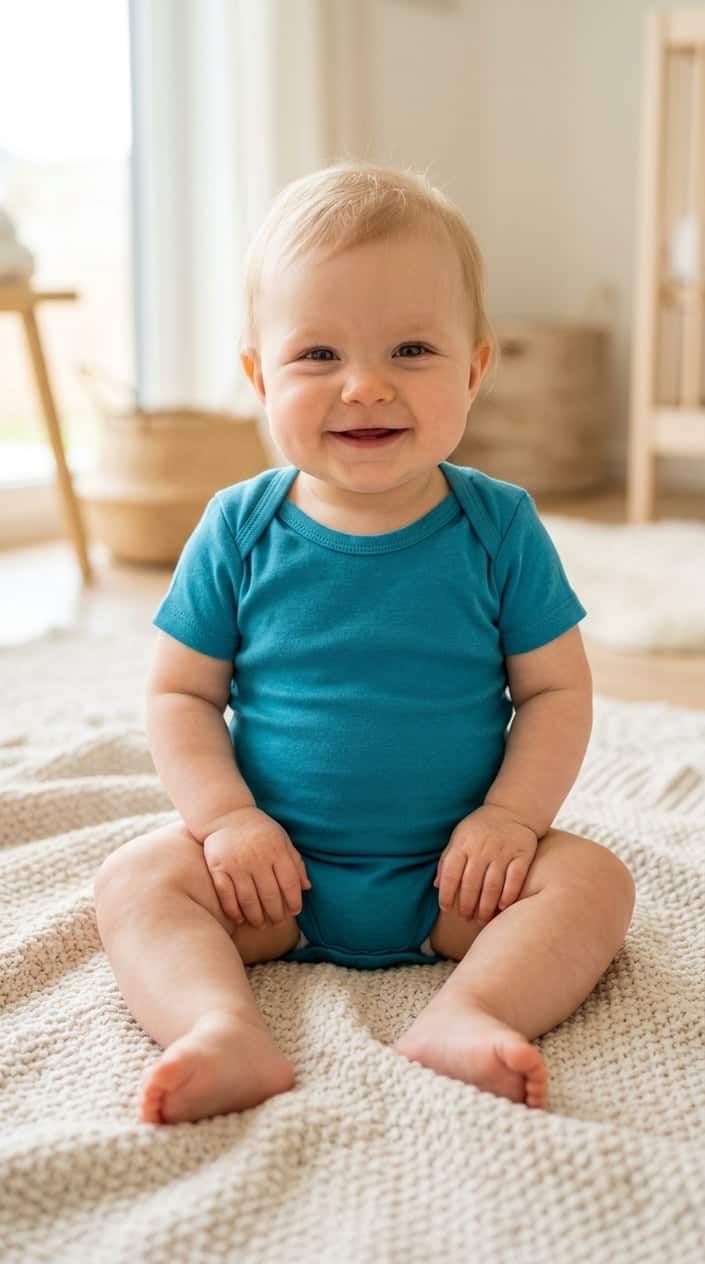A happy baby sitting on a blanket wearing a short-sleeve bodysuit tee.