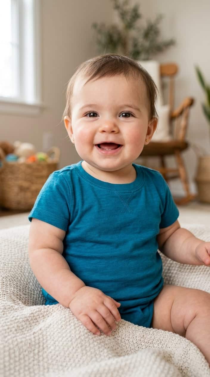 A baby wearing a short sleeve tee sitting indoors, smiling and looking comfortable.