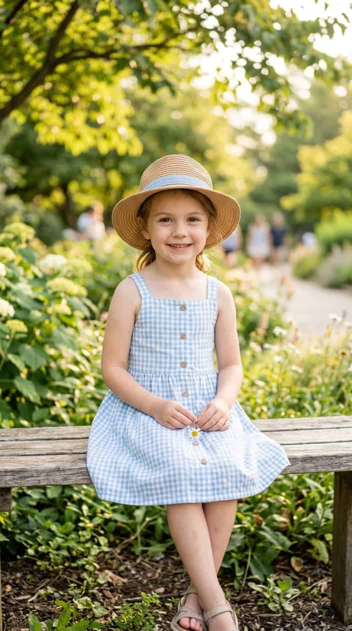 Summer Family Picture Outfits That Coordinate Without Looking Matchy 9 Young girl wearing a light blue gingham dress and a straw sunhat outdoors on a sunny day.