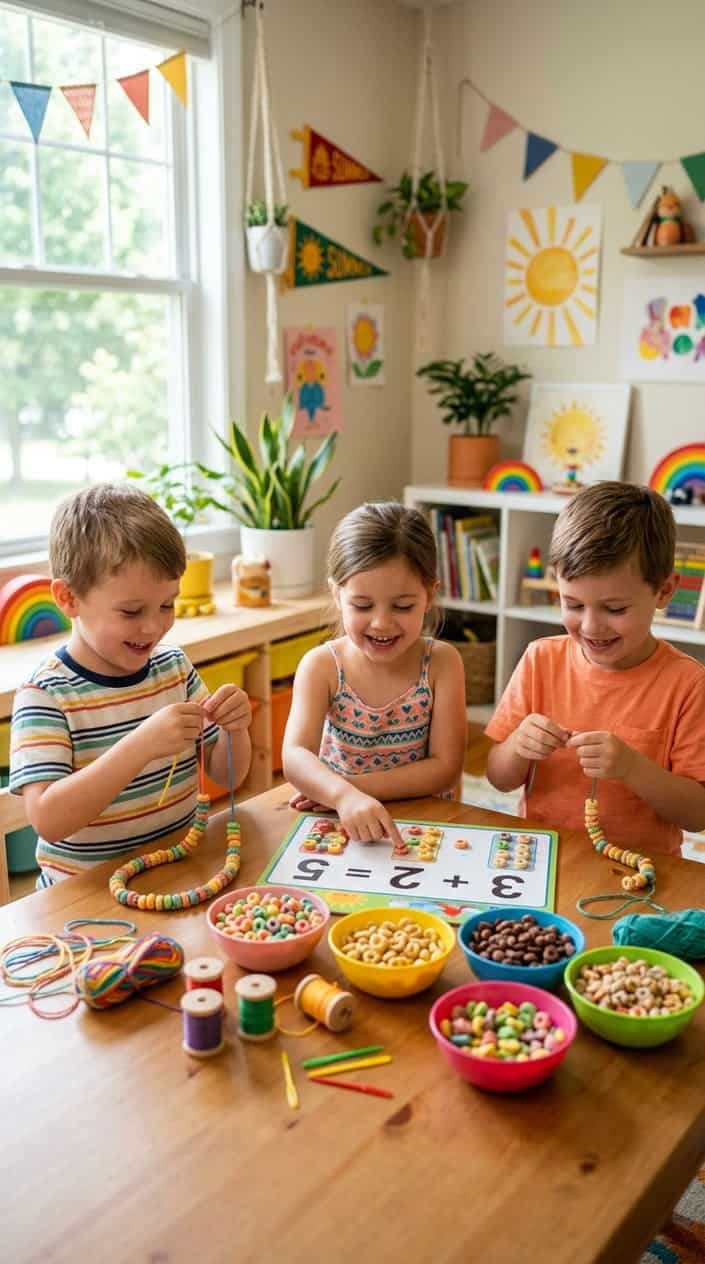 Children sitting at a table making cereal necklaces and playing a math game with cereal pieces.